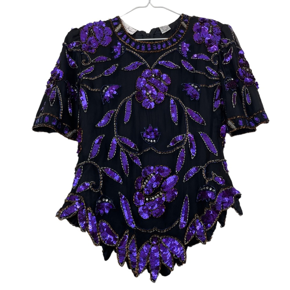VINTAGE by Laurence Kazar NY Purple Sequined & Beaded Shirt Mega Shoulder Pads - Picture 10 of 10